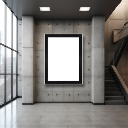 Spacious lobby with high ceilings showcasing a blank poster, modern and industrialの素材