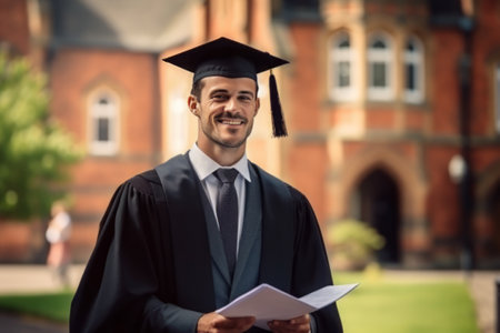 Happy university student in graduation gown looking at camera.の素材