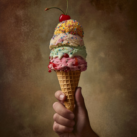 Hand Holding a Waffle Cone with Scoops of Colorful Ice Creamの素材