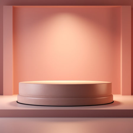 Peach or pink podium stage backdrop for product display stand or used in other designs 3d rendering. 3d illustration template minimal style concept.の素材