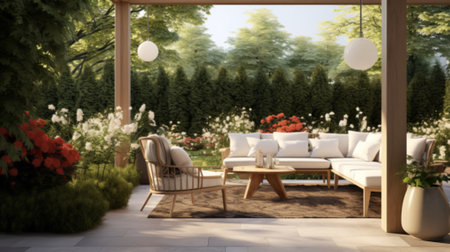 Beautiful wooden terrace with garden furniture surrounded by greenery and flowers on a warm, summer dayの素材