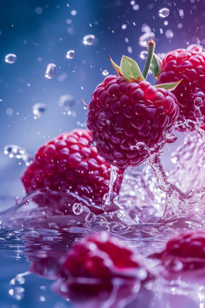 Ripe raspberries enveloped in a crystal-clear water splash, with mint accentsの素材