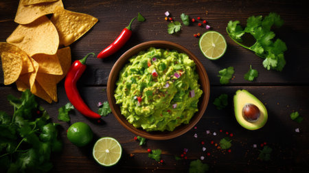 Rustic bowl of guacamole garnished with fresh vegetables and lime slicesの素材
