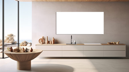 Sleek kitchen design with empty frame for artworkの素材