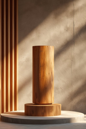 wooden podium against a textured beige wallの素材