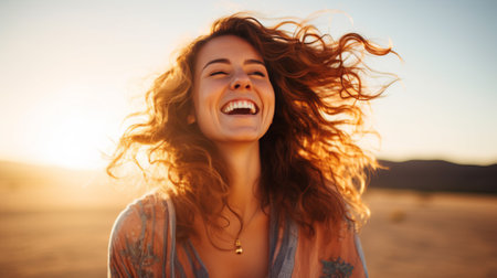 A carefree young woman laughing, with sunlight illuminating her hair in the desert.の素材