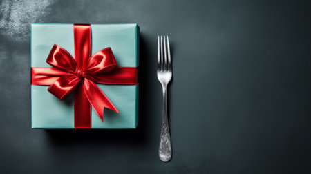 A teal gift box tied with a vibrant red ribbon beside a silver fork on a dark background.の素材