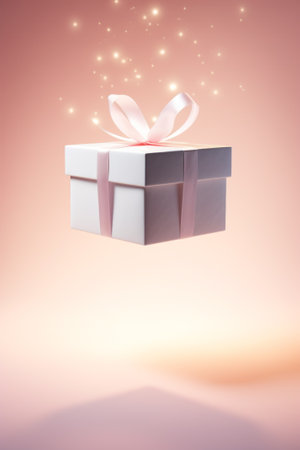 3D gift box with ribbon bow levitating on pastel background. Flying present abstract commercial for woman. Creative realistic minimal gifts. 3d renderingの素材