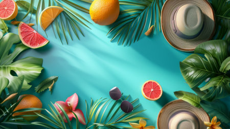 Fresh orange slice with palm shadows cast on a serene blue surface.の素材