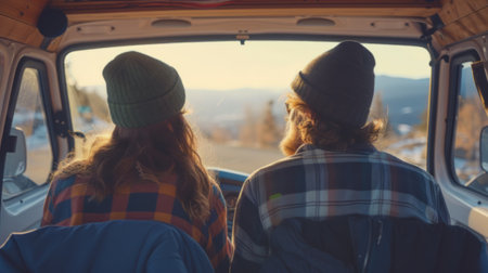 Couple or friends Enjoying Winter Scenery from Inside a Vintage Busの素材