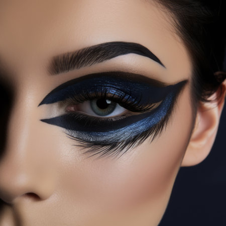 Close-up of a woman's eye with bold blue winged eyelinerの素材