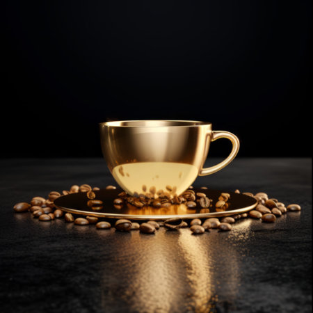 Elegant Golden Coffee Cup with Scattered Beansの素材