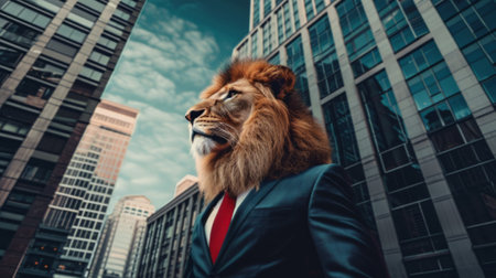Majestic Lion in Business Attire Overlooking the Urban Jungle portraitの素材