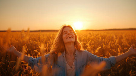 Serene Woman Enjoying Golden Sunset in Tranquil Wheat Fieldの素材