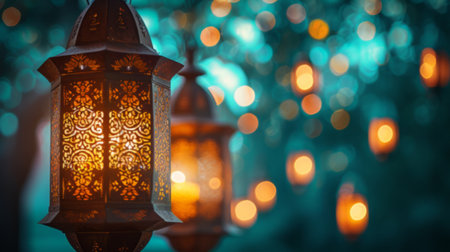 Enchanted Evening with Traditional Lantern Amidst Twinkling Lights and Draperyの素材