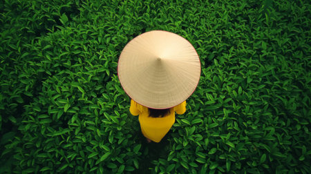Scenic View of Tea Field Workers Cultivating Plantation in Daylightの素材