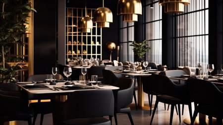 Interior of cozy restaurant. Contemporary design in loft style, modern dining place and bar counter, copy spaceの素材