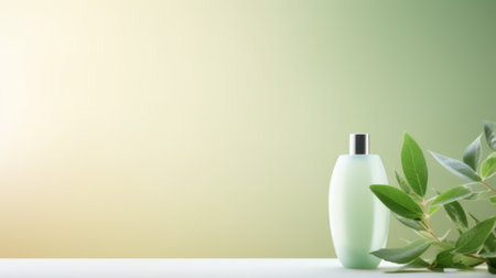 Cosmetic bottle with tropical leaves on the green background with copy space, template mockup for cosmetic packaging, product advertising conceptの素材