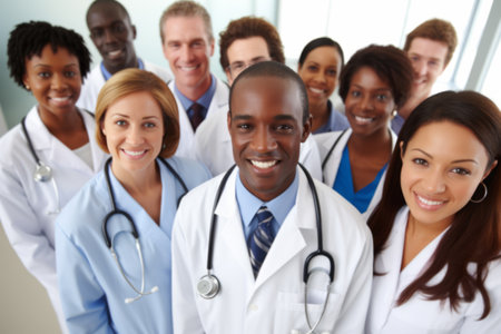 A multicultural group of healthcare professionals, smiling confidently in a clinical setting.の素材