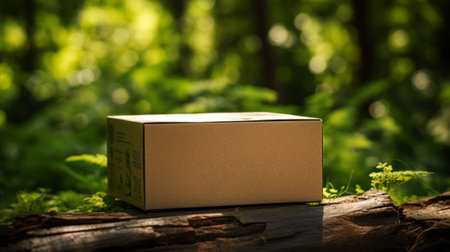 A blank eco-friendly package resting on a fallen tree in a vibrant forest.の素材