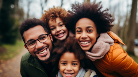 Cheerful multiracial family taking a selfie during a walk in the parkの素材