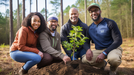 A diverse family honors a loved one's memory by jointly planting a tree in a serene forest, symbolizing life, love, and legacyの素材