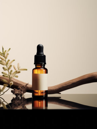 Reusable dark amber glass bottle for oil, cream, lotion or serum on a minimalistic background with shadows and plants. Presentation of a cosmetic product. Layout of the beauty salon branding.の素材