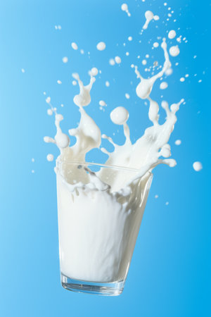High-speed capture of a milk splash in a glass against a vibrant blue background.の素材