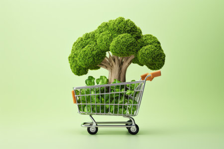 A shopping cart filled with verdant broccoli resembling a tree, symbolizing sustainable consumption.の素材