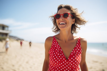 Summer lifestyle portrait of mature woman walking on the beach of tropical island. Wearing stylish summer polka-dot dress.の素材