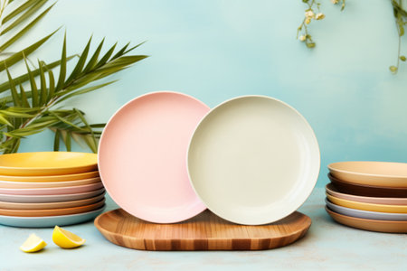 A variety of colorful ceramic bowls neatly stacked against a soft blue and yellow backdropの素材