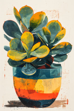 An artful still life showcase potted plants, the image is a feast of textures and a bold palette, conveying a contemporary and expressive interpretation of plant lifeの素材