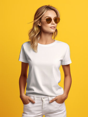 Photo of positive young beautiful woman with wearing casual white t-shirt for mockup isolated over yellow backgroundの素材