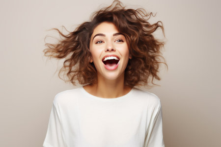 Portrait of an excited young woman celebrating success, natural backgroundの素材