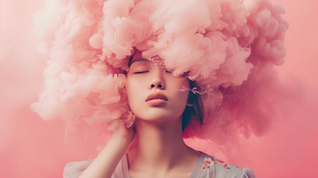 A serene female portrait, with vibrant pink clouds softly enveloping her head, set against a pastel backdrop for a surreal, dreamlike effect.の素材