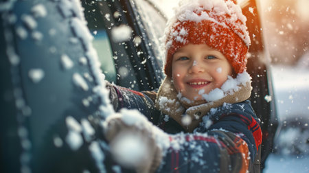 A cheerful young boy in a colorful striped winter hat and red jacket smiles warmly from inside a car, his face framed by snowflakesの素材