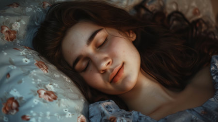 A close-up of a smiling teenage girl with freckles resting peacefully, her joy evident even in sleep.の素材