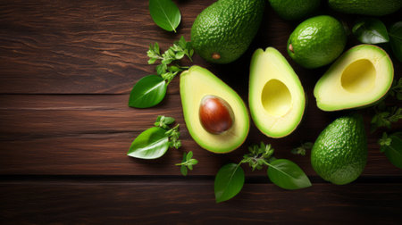 Whole and halved avocados with basil on dark wood.の素材