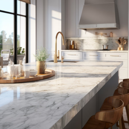A sleek marble countertop reflects daylight in a stylish kitchenの素材
