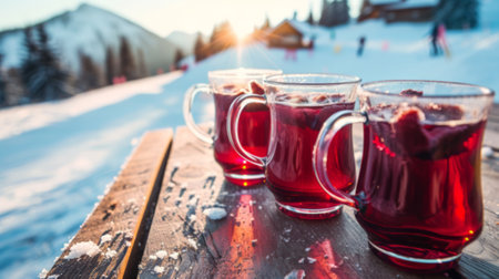 Winter Wonderland Refreshment with Mulled Wine on Snowy Table against Mountain Backdropの素材