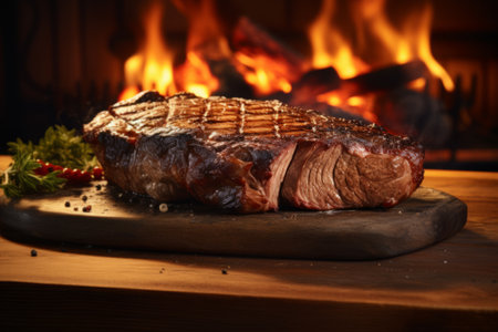 Close-up fried hot juicy steak piece of meat with spices, rosemine on a wooden board against background of fireの素材