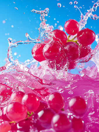 Cluster of red grapes engulfed in a burst of water dropletsの素材