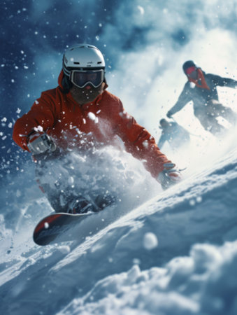 An avid snowboarders carves through a blizzard, showcasing agility and thrillの素材