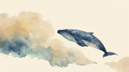 beauty of a whale as it seems to glide through a dreamy, cloud-like environment, depicted in a delicate watercolor styleの素材