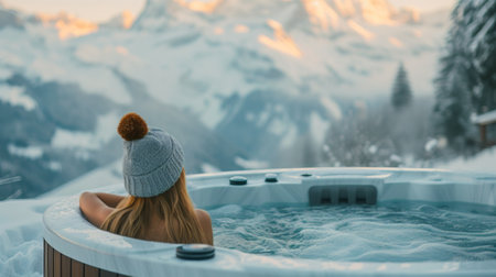 Woman enjoying a peaceful moment in a steaming hot tub, gazing at a snow-capped mountain backdrop during winterの素材