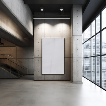 Spacious lobby with high ceilings showcasing a blank poster, modern and industrialの素材