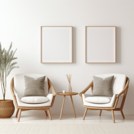 Twin empty frames above armchairs with pillows in a minimalist interior mockupの素材