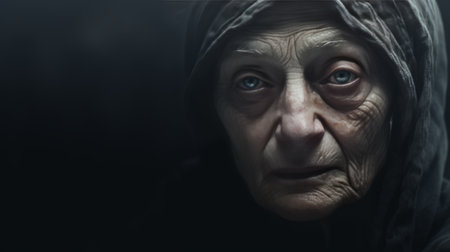 Close-up of a senior woman's face draped in a hood, grayscale tones capture every wrinkleの素材