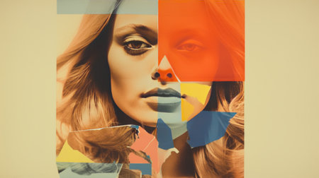 Abstract Art Portrait of Redhead Woman with Floating Shapes retro collageの素材