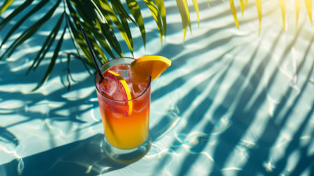 Colorful Tropical Cocktail by Poolside with Palm Shadow - close upの素材